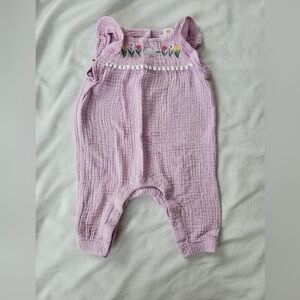 Cat & Jack purple bunny & tulip embroidered flutter strap overalls 0-3m